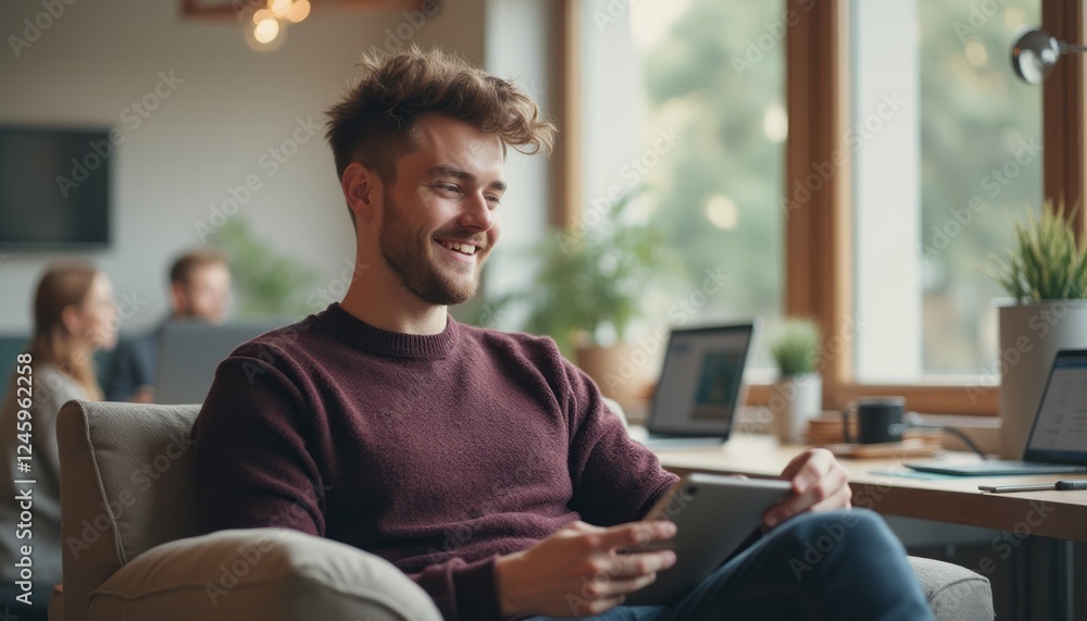 Obraz premium A cheerful young man with tousled hair sits comfortably in a modern workspace, engaging with his tablet. The warm atmosphere, filled with natural light and greenery, enhances the sense of productivity