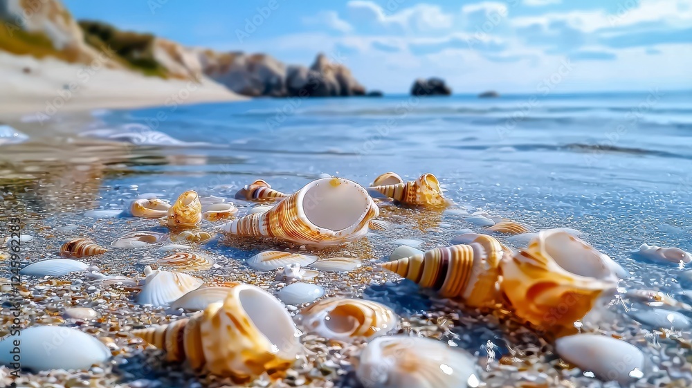 Fototapeta premium A serene beach scene featuring colorful seashells scattered along the shoreline, with gentle waves lapping at the sand under a bright blue sky.