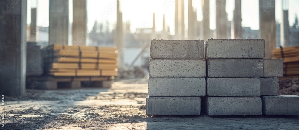 Piles of concrete blocks and wooden beams on a construction site showcasing building materials ready for upcoming structural work Piles of concrete blocks and wooden beams on a construction site showcasing building materials ready for upcoming structural work