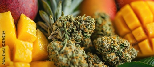 Fototapeta Naklejka Na Ścianę i Meble -  Assorted dried cannabis buds accompanied by fresh tropical fruits creating a vibrant medical marijuana concept background