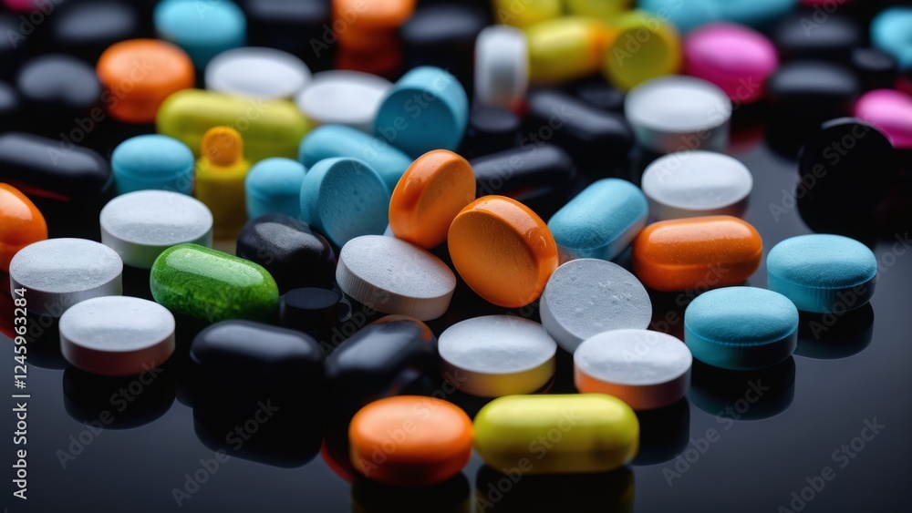 Multi-colored tablets and capsules on a dark background Multi-colored tablets and capsules on a dark background
