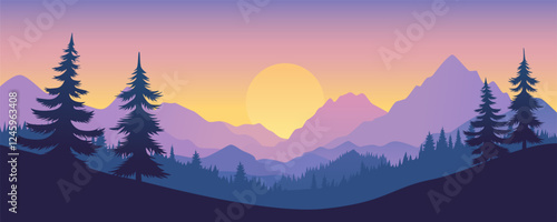 Sunrise in the mountains vector landscape illustration. Beautiful mountain landscape with forest silhouettes in purple colors. Travel to the mountains. Hiking travel and climbing concept.