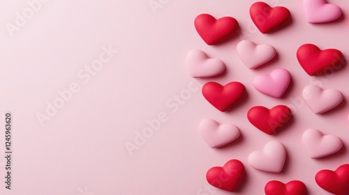 Valentine's Day Heart Pattern: A charming arrangement of red and pink hearts, scattered across a delicate pink backdrop. Create romantic ambiance for Valentine's Day greetings, invitations.