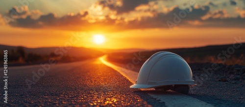 Fototapeta Naklejka Na Ścianę i Meble -  Construction helmet on empty road during sunset with beautiful sky providing space for text and promoting safety and construction themes.