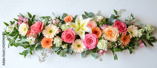 Wallpaper Mural Flat lay arrangement of vibrant fresh flowers in various colors on a white background showcasing natural beauty and floral design. Torontodigital.ca