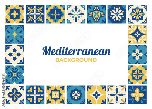 Mediterranean frame background. Ceramic blue and yellow tiles. Abstract geometric floral card, banner, cover, flyer, pattern. Italian, Portuguese, Spanish, Moroccan mosaic. Vector illustration