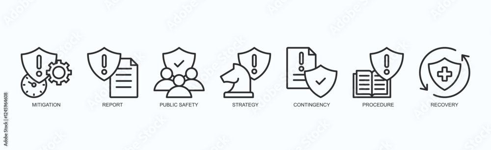 Fototapeta premium Strategic Shield Icon Set Isolated Vector Illustration Concept With Icon Of Mitigation, Report, Public Safety, Strategy, Contingency, Procedure, Recovery In Outline Style