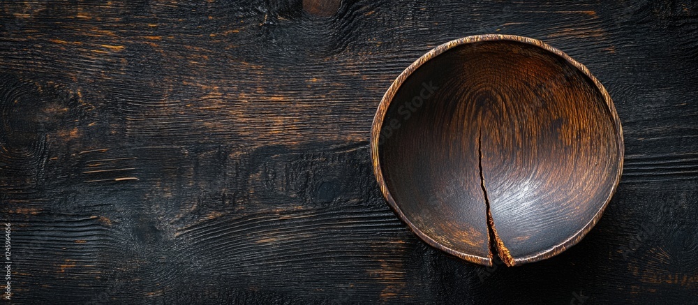 Aged cracked wooden bowl on black rustic backdrop showcasing texture and detail with ample copy space for unique designs or advertisements Aged cracked wooden bowl on black rustic backdrop showcasing texture and detail with ample copy space for unique designs or advertisements
