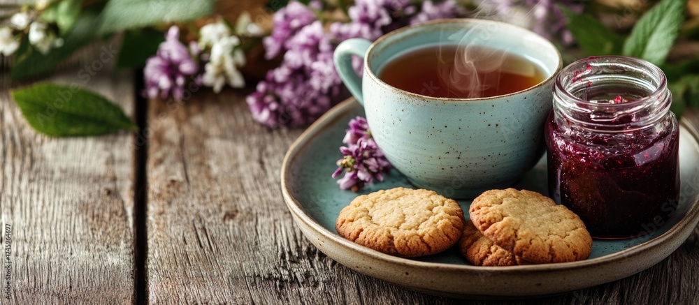Cup of herbal tea with homemade cookies and jam on a rustic wooden background for a cozy morning breakfast setting Cup of herbal tea with homemade cookies and jam on a rustic wooden background for a cozy morning breakfast setting