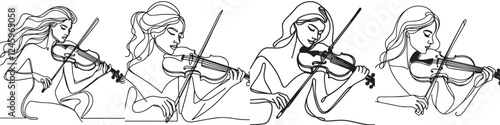 continuous line set of girl playing violin