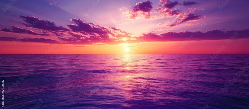 Obraz premium Vibrant sunset sky with purple pink and orange hues reflecting over the tranquil sea creating a serene background with ample space for text.
