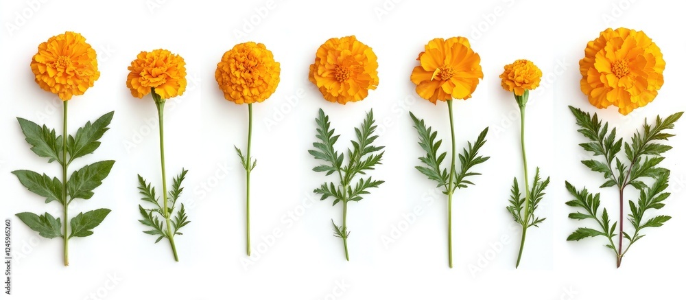 Marigold flowers and leaves arranged on a white background for collage and design purposes in postcards and invitations. Marigold flowers and leaves arranged on a white background for collage and design purposes in postcards and invitations.