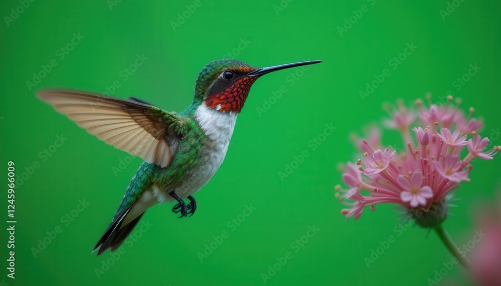 Fototapeta premium Vibrant Hummingbird in Flight Near Pink Flower Against a Lush Green Background