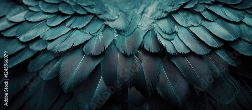 Close up of dark raven wings showcasing intricate soft feather patterns with a textured background and negative space for text placement
