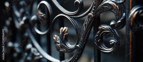 Decorative bas relief iron gate detail featuring ornate patterns and textures in a close-up view ideal for architecture or design backgrounds. photo