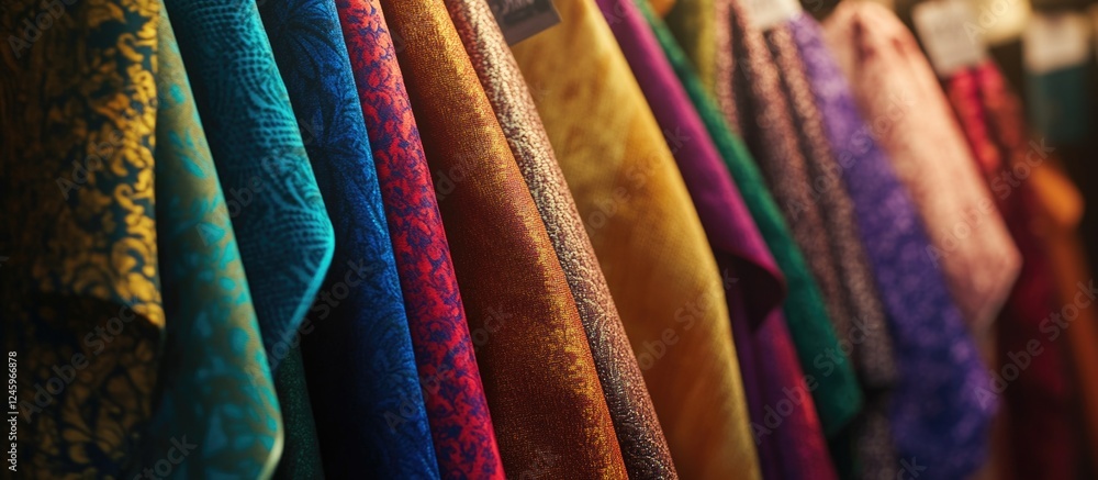 Vibrant textiles showcased in a fabric market featuring a variety of luxurious colors and intricate patterns in close-up detail. Vibrant textiles showcased in a fabric market featuring a variety of luxurious colors and intricate patterns in close-up detail.