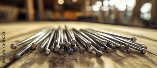 Durable concrete nails arranged neatly on a wooden surface ideal for construction projects showcasing strength and reliability. photo