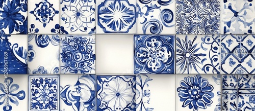 Traditional Portuguese Azulejos with intricate blue and white designs showcasing cultural art and history in tile form.