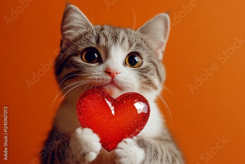 Japanese bobtail - my desired cat. Marketing concept art. Cute japanese bobtail kitty with sparkling rhinestones red heart - sign of love, funny greeting card. Pet in love. photo