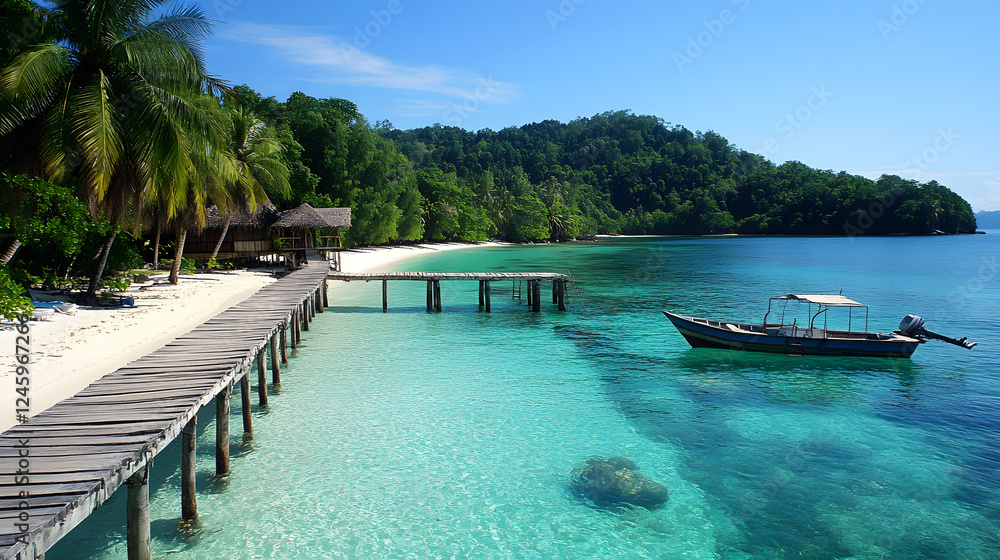 Fototapeta premium A tropical island paradise with crystal-clear turquoise waters, white sandy beaches, and lush palm trees. A wooden pier extends into the water, where a small boat is moored.
