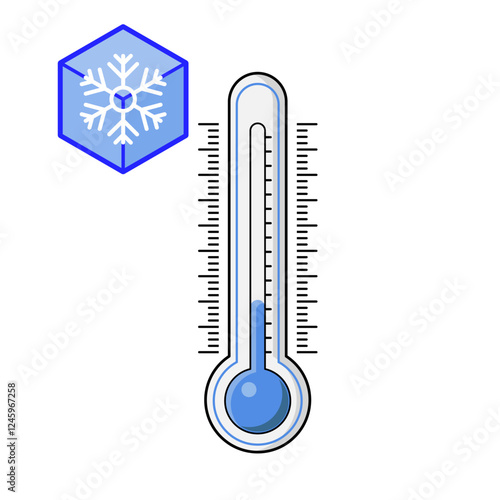 Cold thermometer with a snowflakes. Temperature weather thermometers meteorology, temp control thermostat device flat vector icon. Medical thermometers