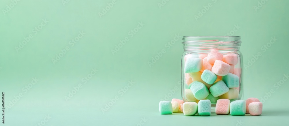 Colorful marshmallow candies in a glass jar on a light green background with ample space for text or design elements Colorful marshmallow candies in a glass jar on a light green background with ample space for text or design elements