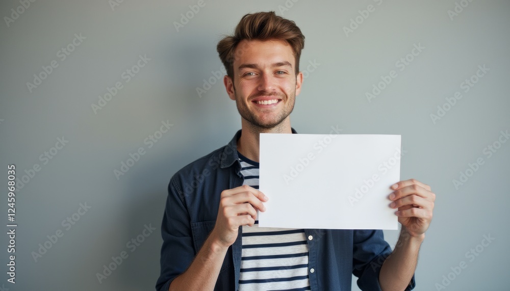 A cheerful young man with light brown hair stands against a soft gray wall, proudly displaying a blank sheet of paper. His bright smile radiates positivity, inviting creativity and engagement with the A cheerful young man with light brown hair stands against a soft gray wall, proudly displaying a blank sheet of paper. His bright smile radiates positivity, inviting creativity and engagement with the