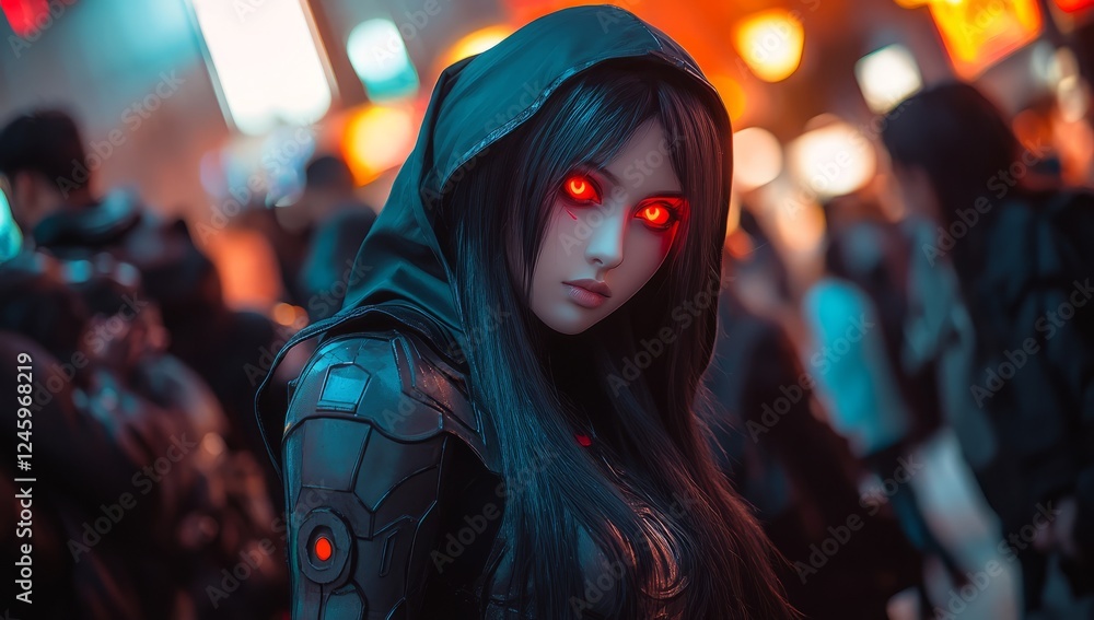 Fototapeta premium An Asian female assassin with black hair under her hood, walking through a cyberpunk cityscape background