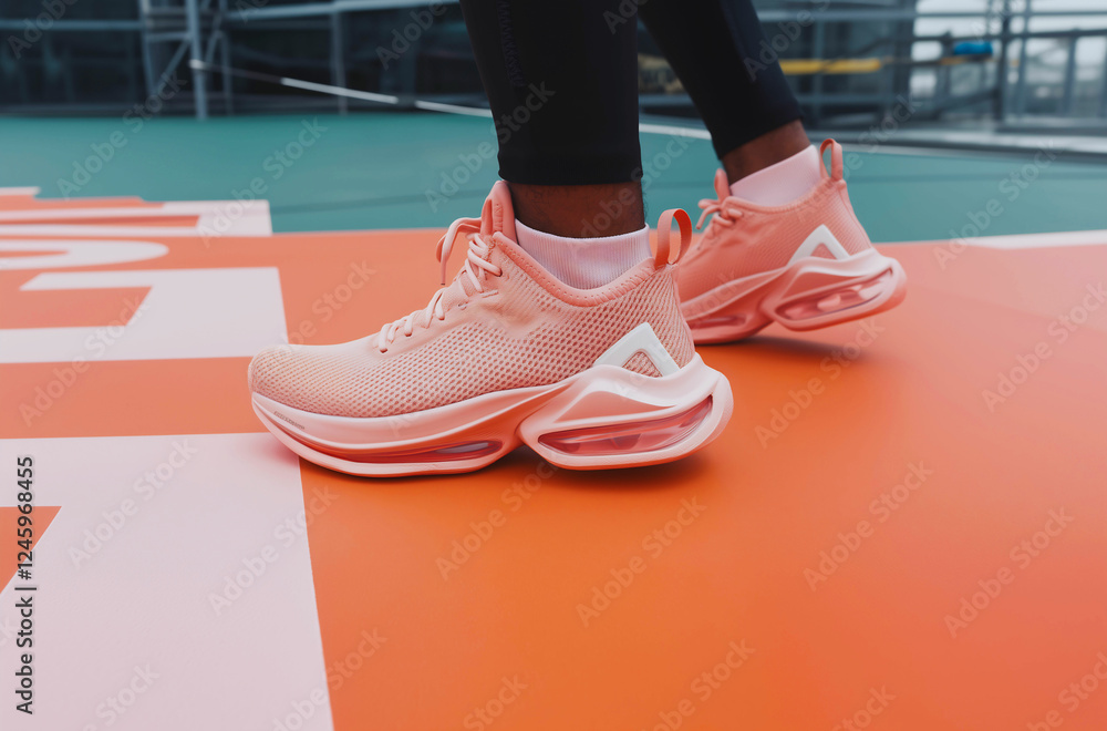 Soft Pastel Pink Cross-training Shoes on Abstract Colorful Background, Minimalism Soft Pastel Pink Cross-training Shoes on Abstract Colorful Background, Minimalism