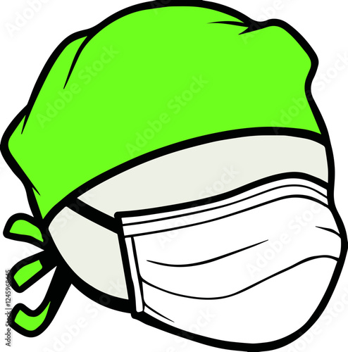 Icon of a person wearing a green bandana and mask, symbolizing medical care and protection