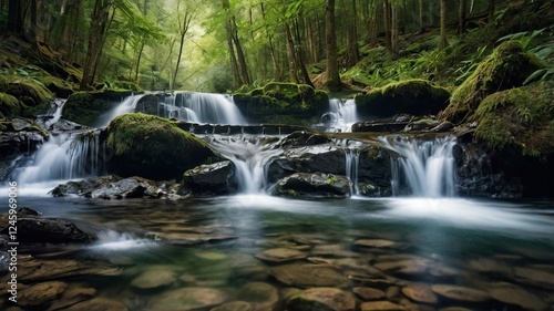 Serene Waterfall in Lush Green Forest