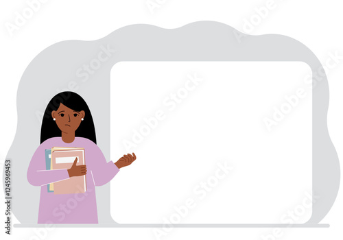 The woman holds many books. Nearby is a large white poster for your text. Vector flat illustration.