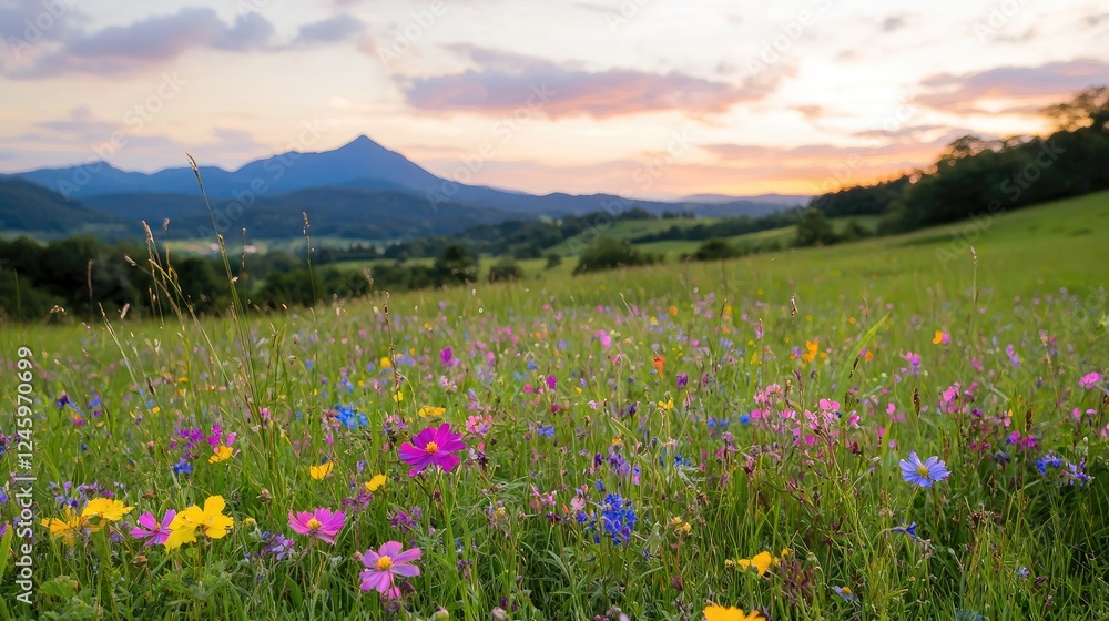 Sunset wildflowers meadow, mountain backdrop, summer evening