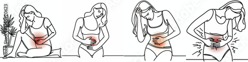 set continuous line woman stomach ache