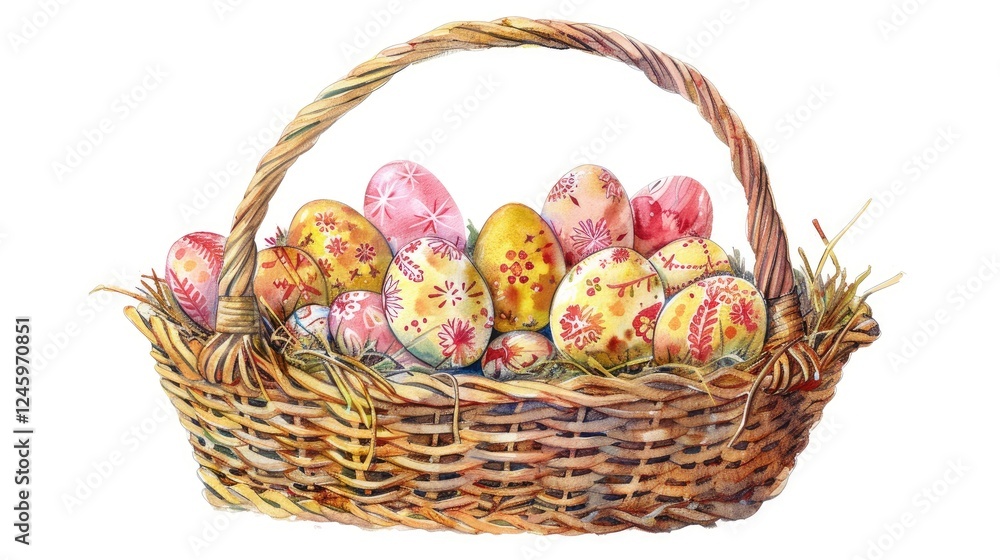 Naklejka premium Watercolor cozy Easter basket with pastel pink, yellow, and red patterned eggs inside the wicker basket
