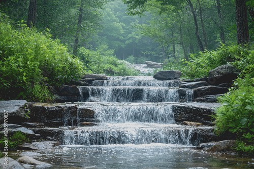 Waterfall cascading over rocks surrounded by lush trees in a serene forest setting with natural beauty and tranquility