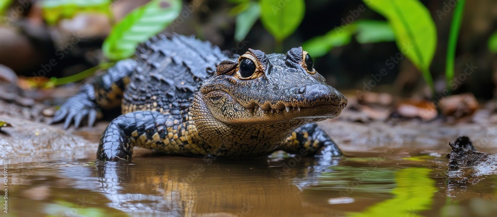 Dwarf crocodile resting near water in lush green surroundings showcasing its unique features and habitat in the wild. Dwarf crocodile resting near water in lush green surroundings showcasing its unique features and habitat in the wild.
