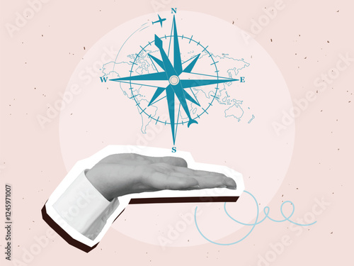 Black and white hand holds a sign of compass with silhouette of plane. Modern photo collage style. Vector illustration
