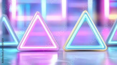 Colorful neon triangles with glowing edges. photo