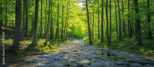 Tranquil forest scene featuring a dry stony brook surrounded by lush greenery and tall trees in a peaceful woodland environment photo