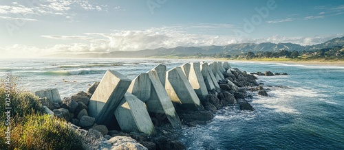 Concrete tetrapod breakwaters along the coast protecting against strong waves with scenic ocean view and mountains in the background photo