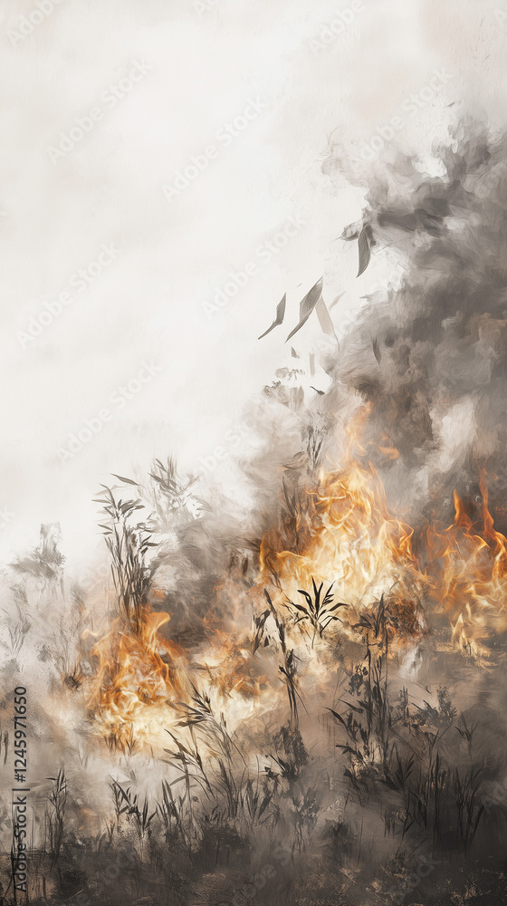 Fototapeta premium Artistic Illustration of a Wildfire in Monochrome with Hints of Flame and Rising Smoke, Capturing the Power and Fragility of Nature