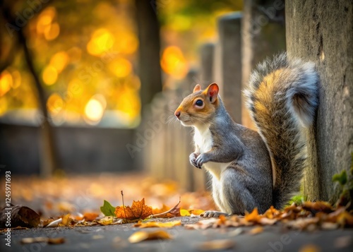 Urban squirrel close-up: minimalist city park wildlife portrait.
