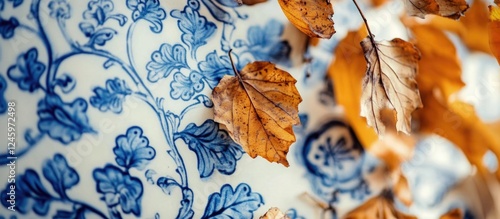 Portuguese Azulejos Pattern with Autumn Leaves Creating a Cozy Nostalgic Atmosphere in a Detailed Artistic Composition
