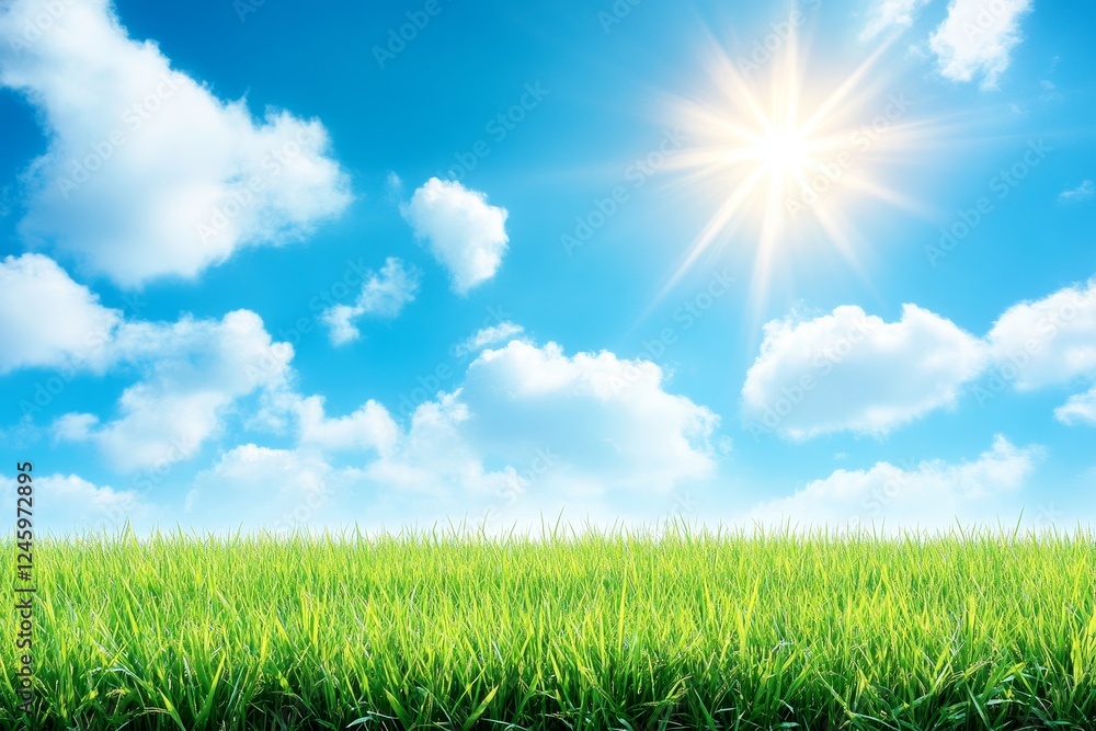 Sunny day, vibrant green grass field, blue sky, fluffy clouds, nature background, idyllic scene Sunny day, vibrant green grass field, blue sky, fluffy clouds, nature background, idyllic scene