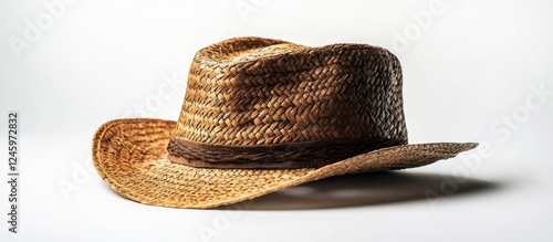 Straw farmer hat with brown band isolated on white background suitable for promotional material and agricultural themes photo