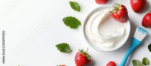 Feminine self-care arrangement featuring cream bowl strawberries and blue brush on white background for skin treatment and salinity themes photo