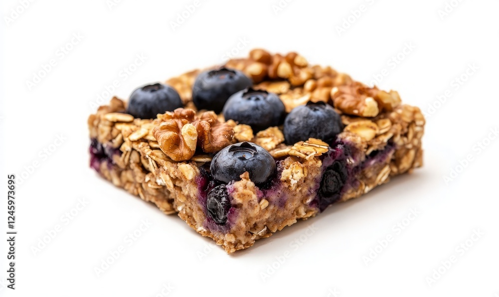 Nut and Berry Granola Bar on White Background A Close-Up of a Homemade Snack Featuring Blueberries, Walnuts, and Oats, Perfect for Healthy Eating Promotions and Recipe Blogs. Nut and Berry Granola Bar on White Background A Close-Up of a Homemade Snack Featuring Blueberries, Walnuts, and Oats, Perfect for Healthy Eating Promotions and Recipe Blogs.