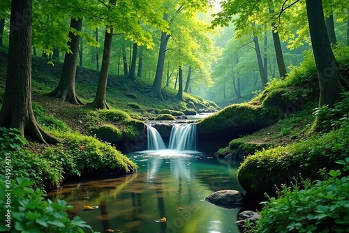 Peaceful forest glade with a small pond and waterfall, serene landscape, waterfall