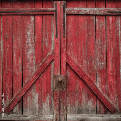 Rustic red barn door with aged wooden textures and stop sign in rural setting with zen papaya plant